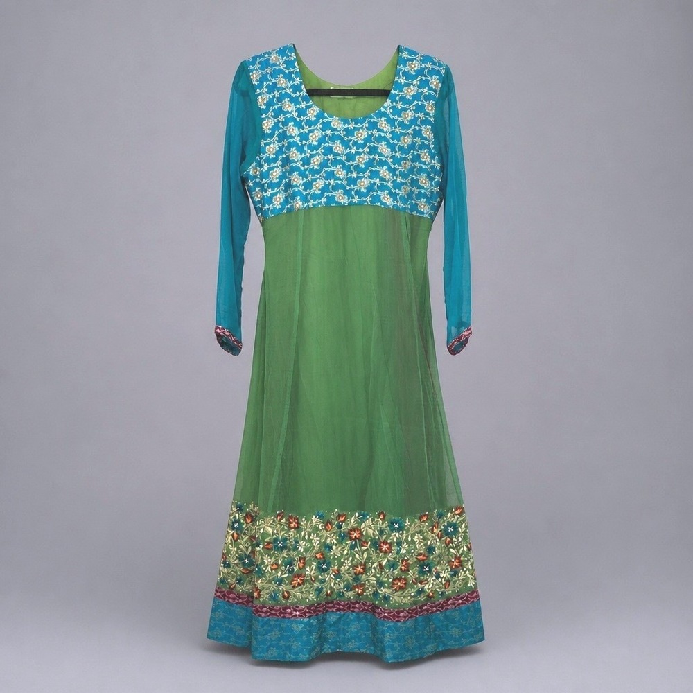 Star Fashion Anarkali Dress Womens Medium Green Turquoise Embroidered Sequin